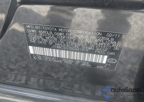 2011 Lexus Es 350 from USA, damaged, VIN JTHBK1EG7B2441919